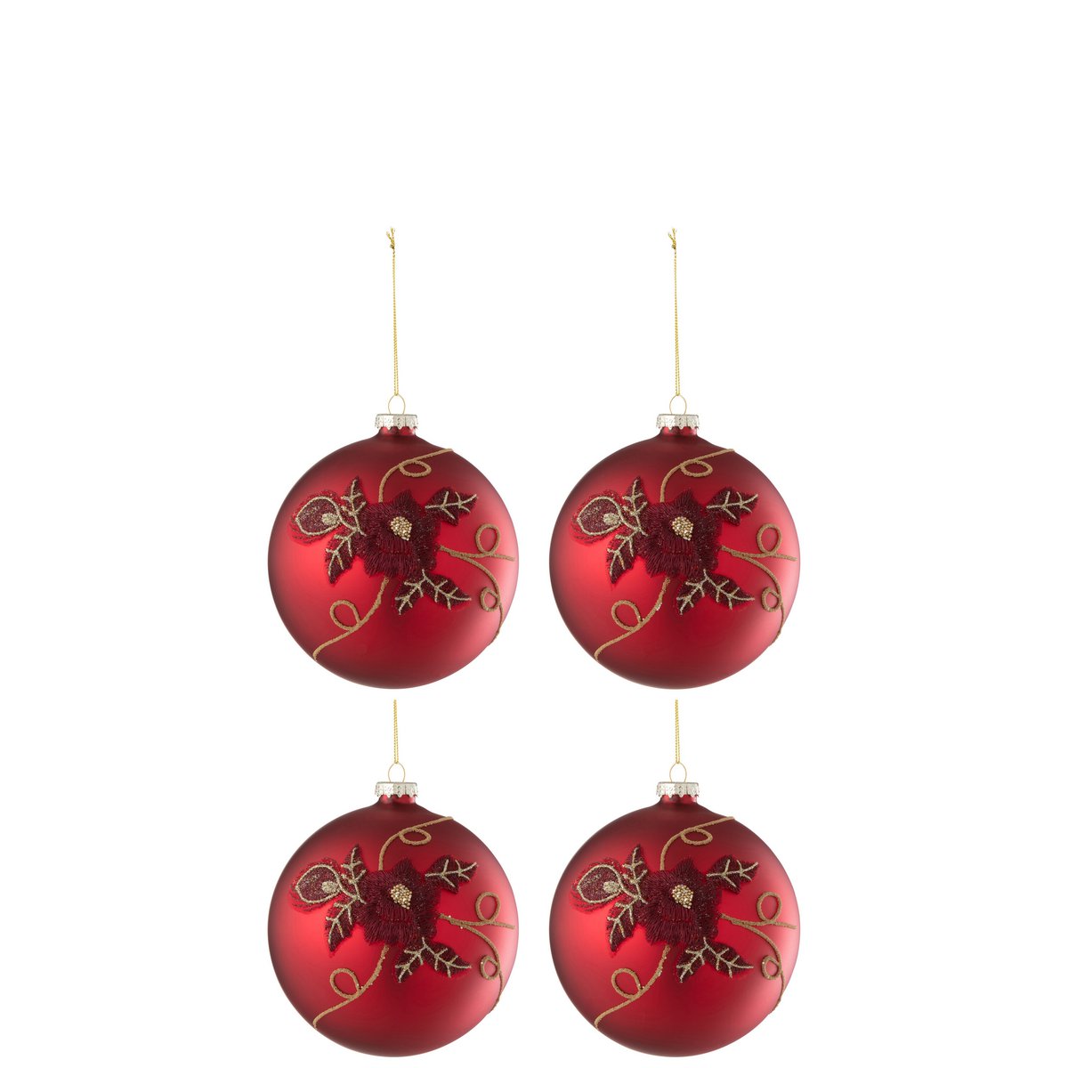 Boîte de 4 boules de Noël en verre rouge J-Line avec détails élégants