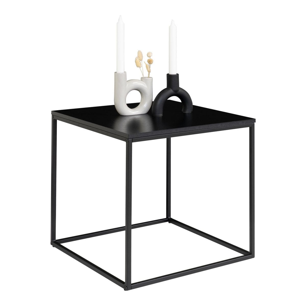 Table d'appoint Vita en noir, vue de face avec cadre en acier