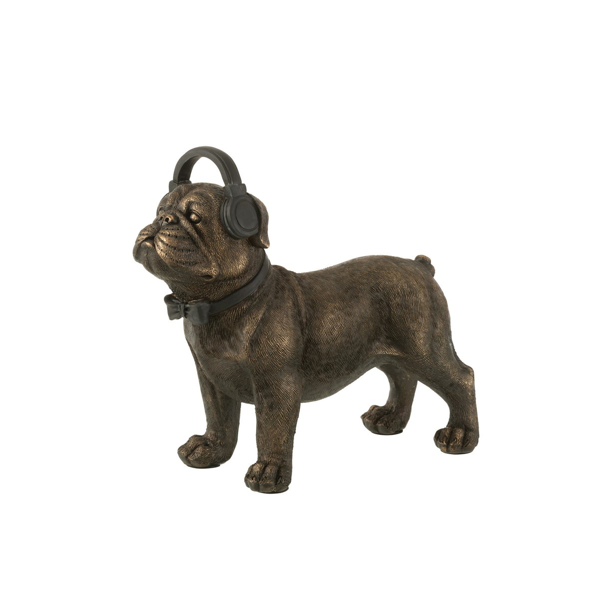 Sculpture Bulldog avec casque en polyresine marron, vue de face