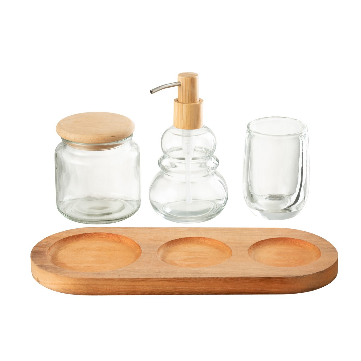 Ensemble de salle de bain J-Line en verre et bois, vue d'ensemble élégante.