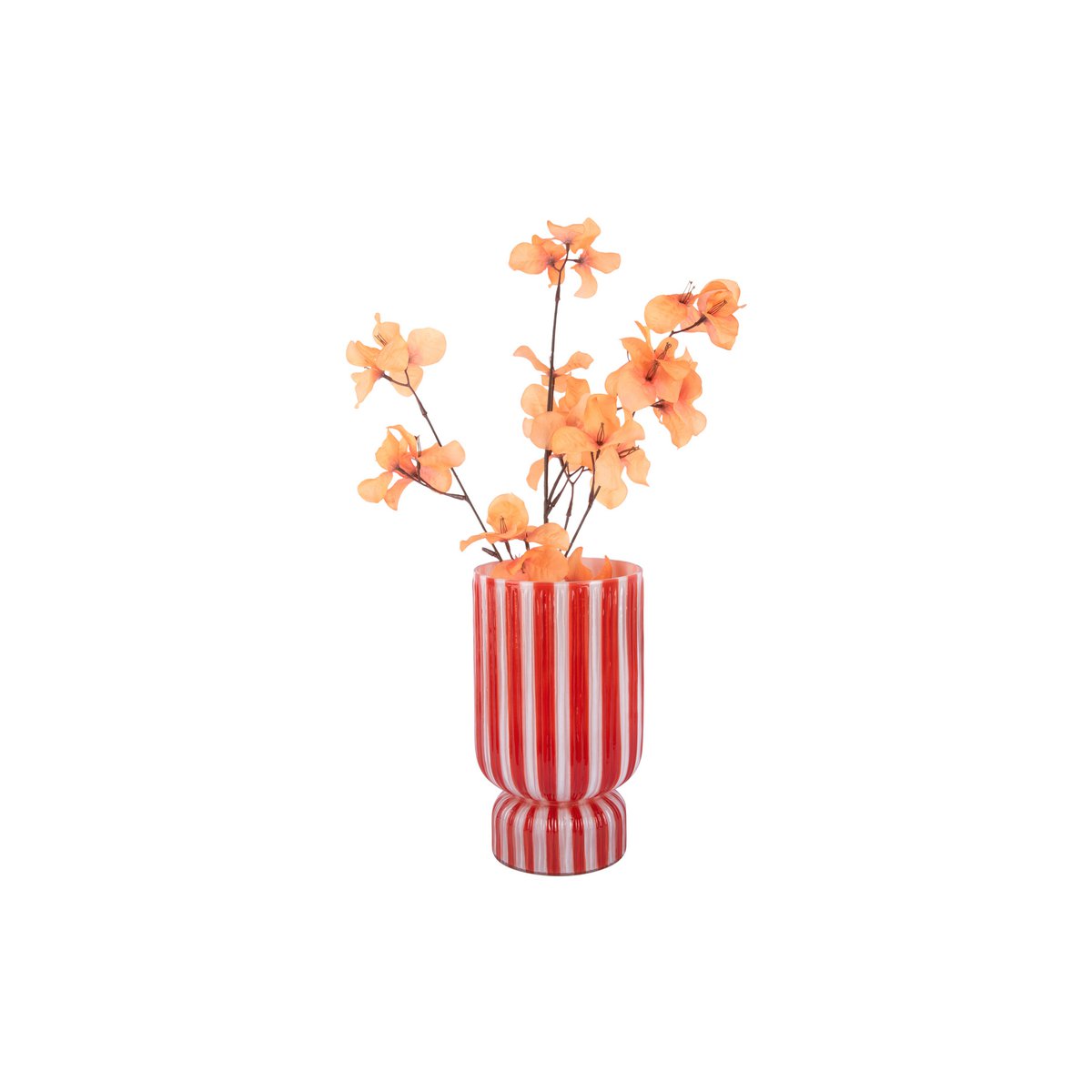 Grand vase rayé rétro en verre rouge, posé sur une table, montrant sa hauteur et son diamètre.