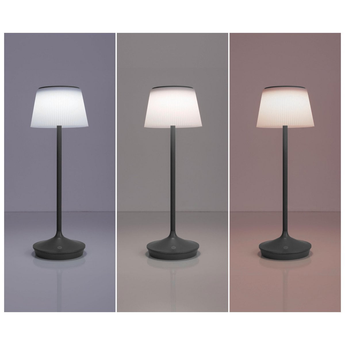 Lampe de table LED Emmi sur une terrasse, ambiance chaleureuse