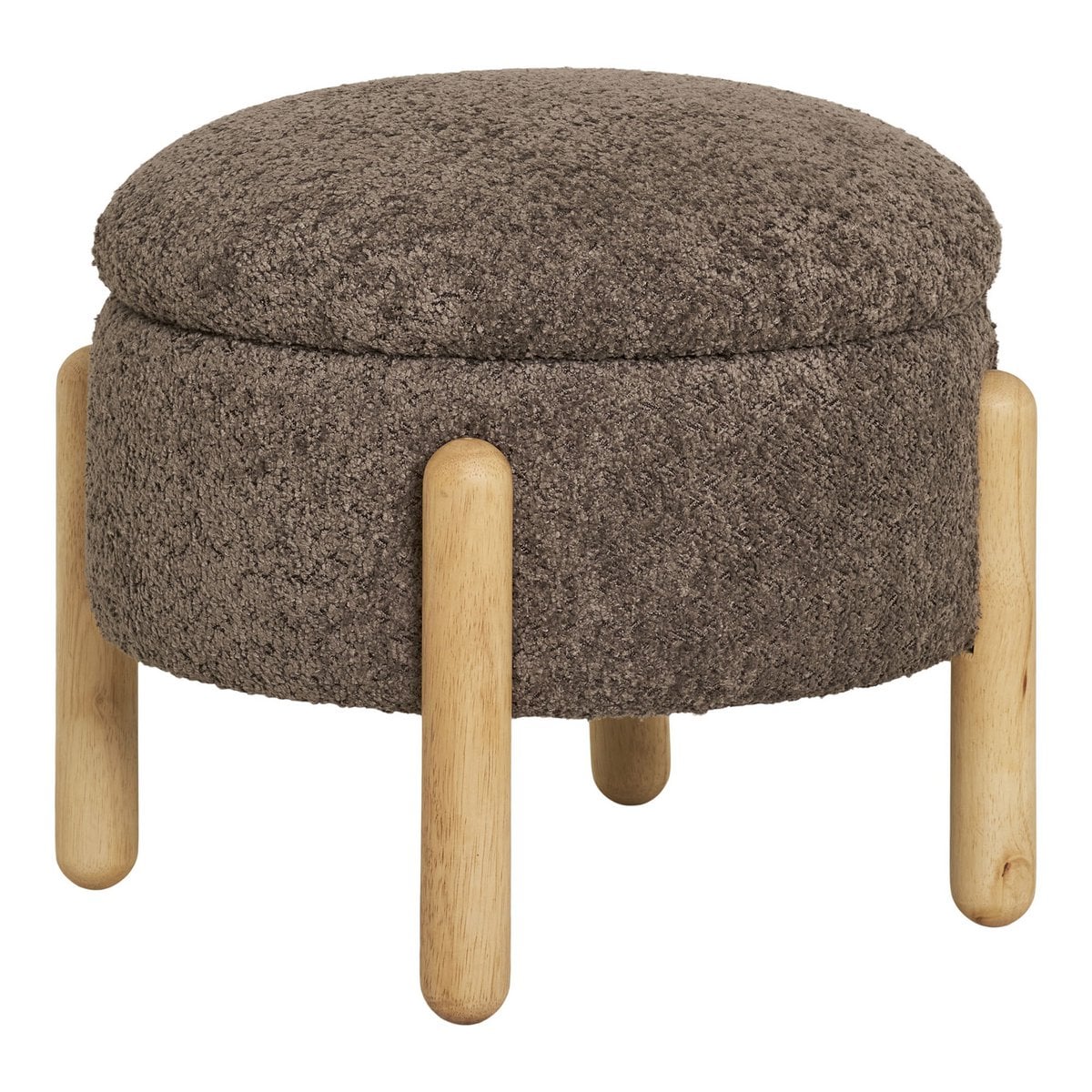 Pouf Médas avec rangement en bouclé marron et naturel, vue de face