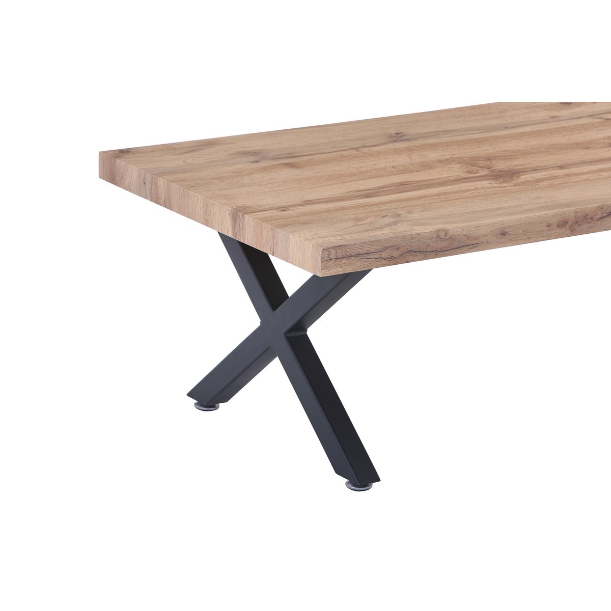 Détail du cadre en X en métal noir de la table basse