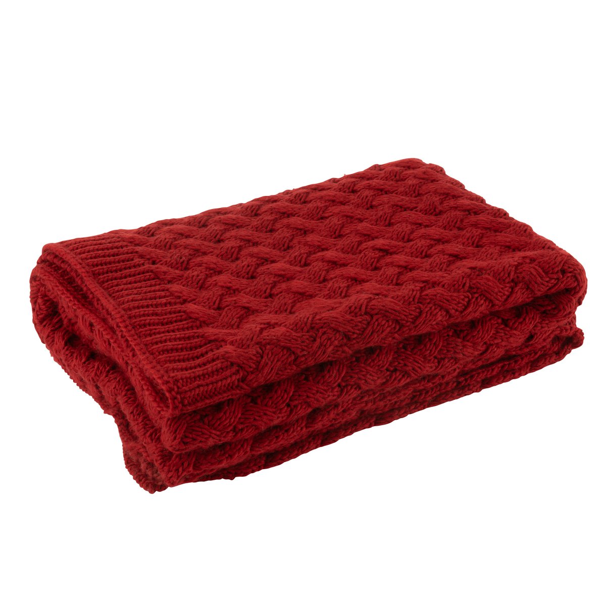 Plaid tricoté rouge J-Line posé sur une table en bois