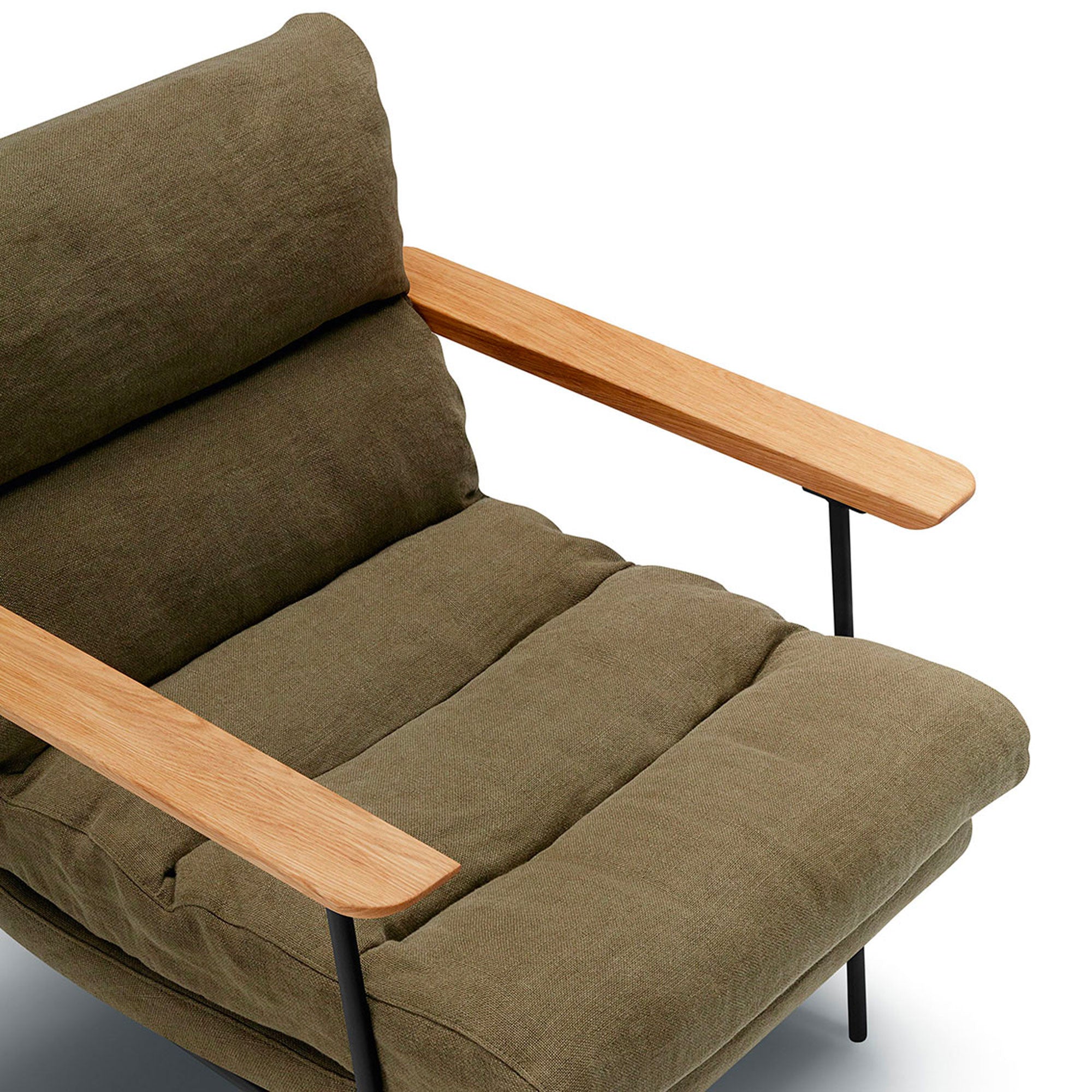 Fauteuil SITS tissu lin Bill coloris olive avec accoudoirs plats - Détail