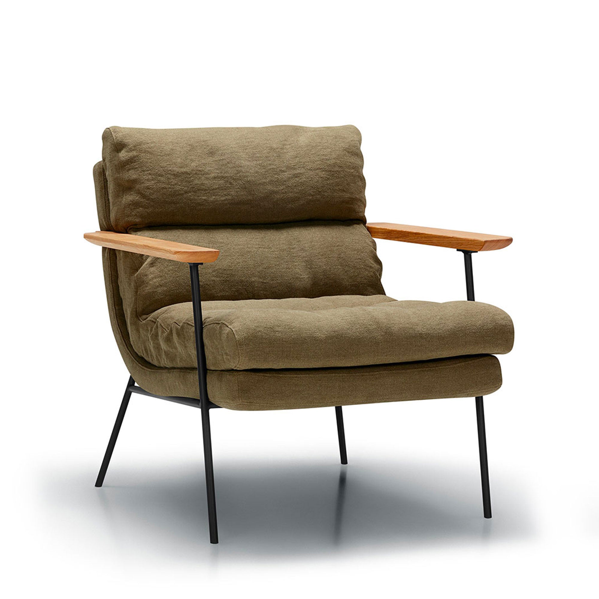 Fauteuil SITS tissu lin Bill coloris olive avec accoudoirs plats - Vue latérale