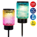 Brochettes décoratives solaires "Mila" 2 set, Ø 8,3 cm, 25 cm de haut, métal noir, verre lourd et structuré en rouge / jaune et en bleu / vert, LED intégré, blanc chaud