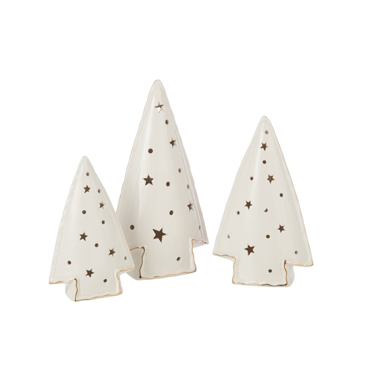 Vue rapprochée des sapins de Noël J-Line en céramique blanche