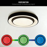 Plafond LED "Monterey" Ø 47,5 cm, de nombreuses fonctions, en métal et en plastique en noir, avec des LED intégrées, un éclairage pour les salons, le couloir ou le bureau