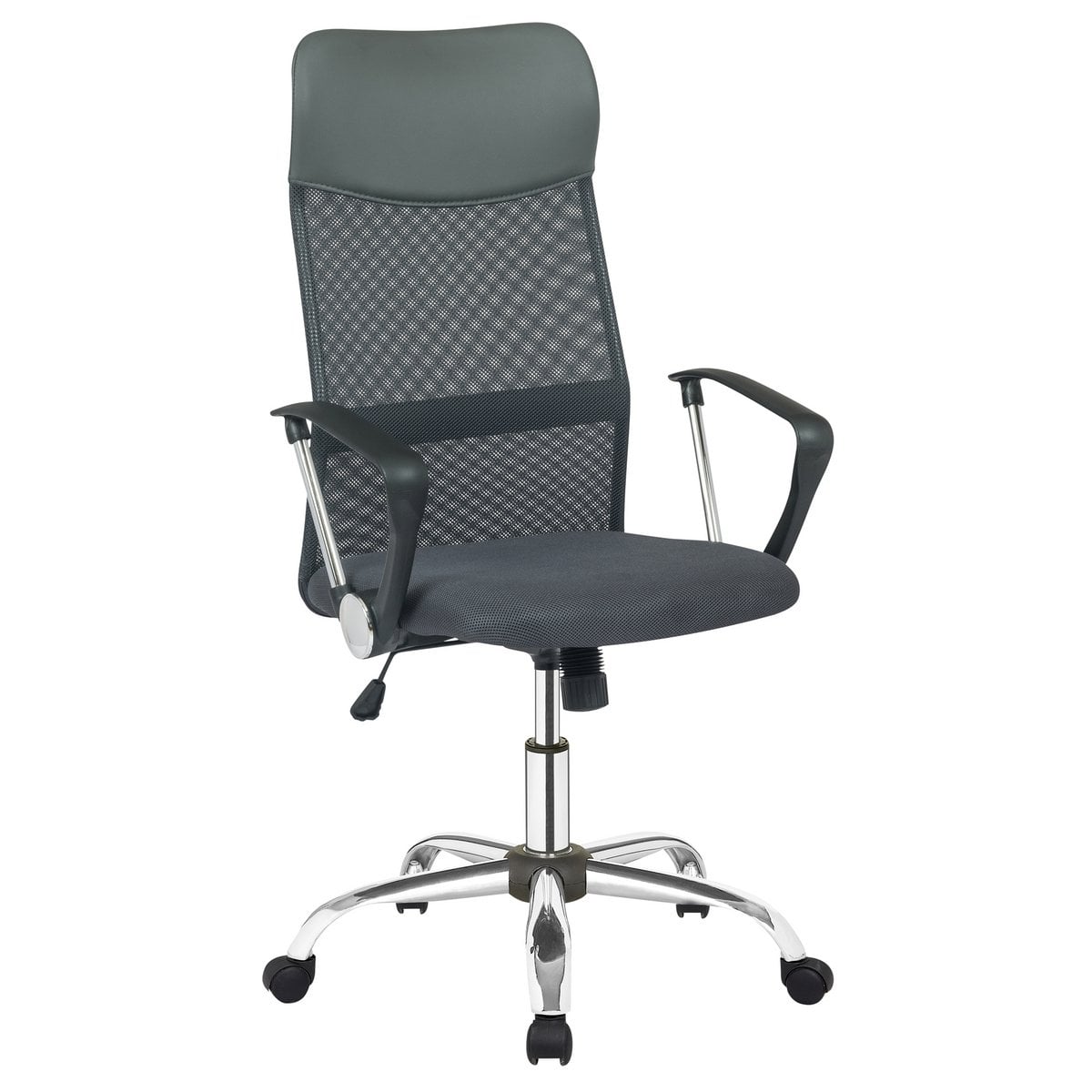 Vue latérale de la chaise de bureau grise, montrant le rembourrage