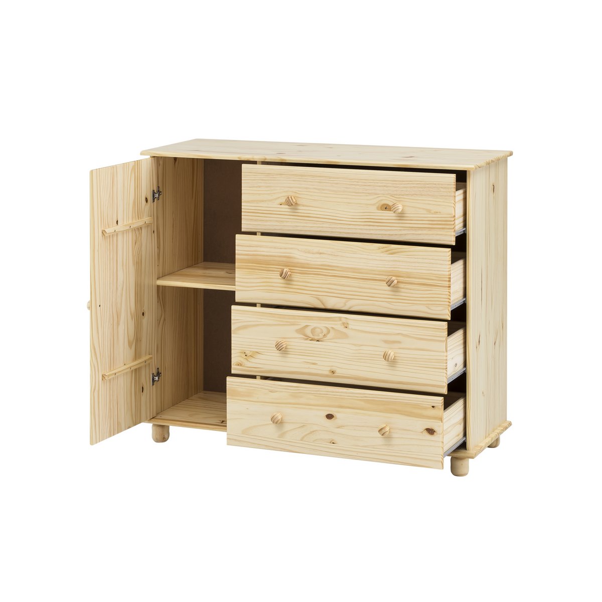 Vue latérale de la commode en bois de pin dans une chambre
