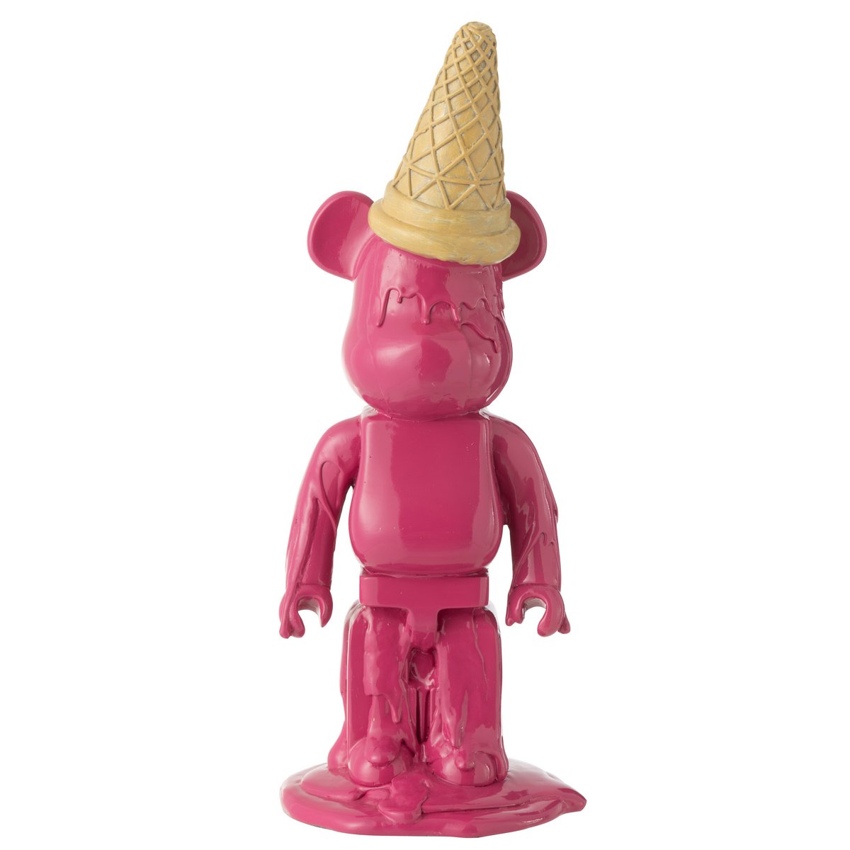 Ours en résine fuchsia sur une étagère moderne, ambiance chaleureuse