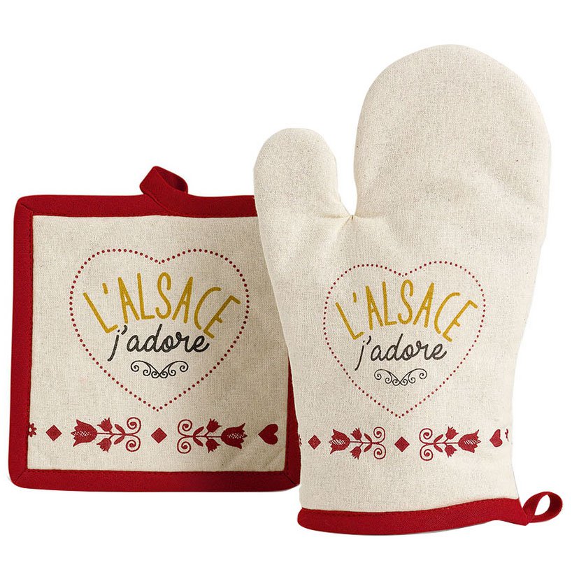 Lot gant/manique Natt Ficelle avec motif alsacien traditionnel en rouge et blanc