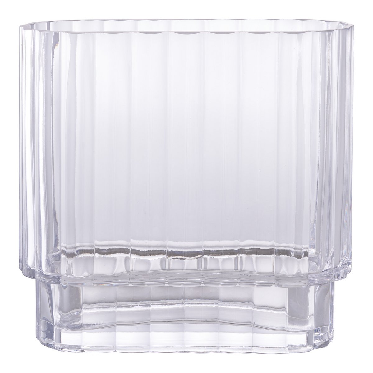 Vase en verre transparent avec des fleurs, vue de face