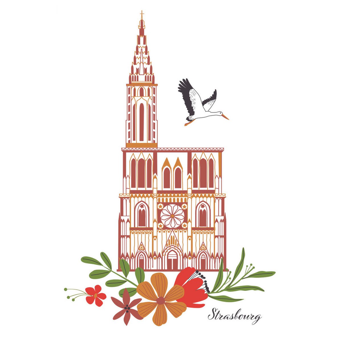 Torchon nid d'abeilles recyclé Cathédrale Fleurie en blanc et rouge, 50 x 70 cm