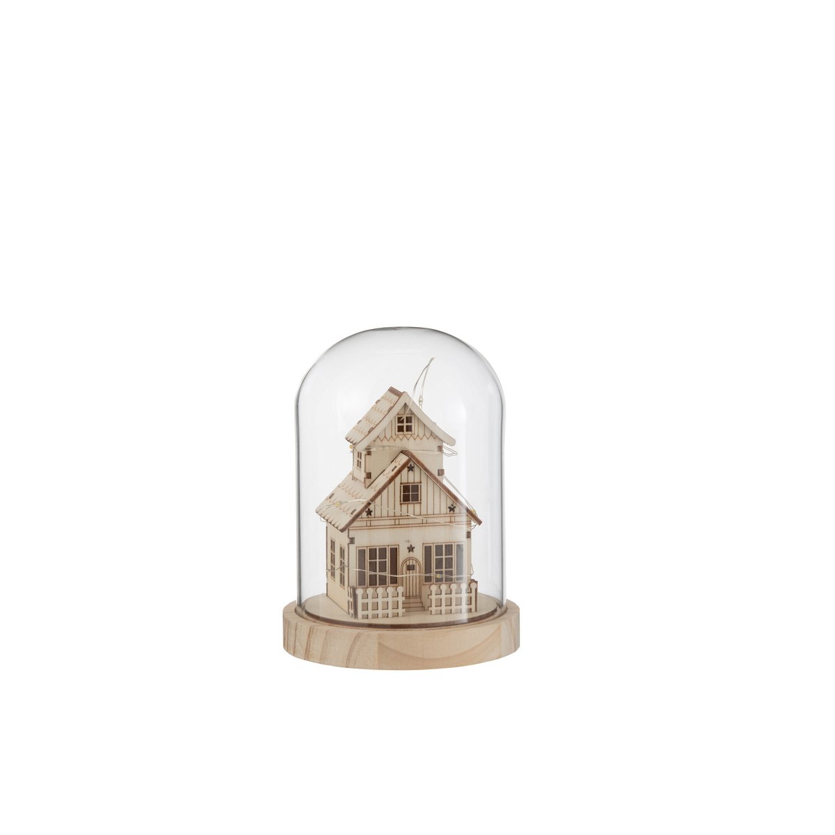 Cloche LED Maison d'Hiver en bois et verre, vue de face avec lumière allumée