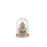 Cloche LED Maison d'Hiver en bois et verre, vue de face avec lumière allumée