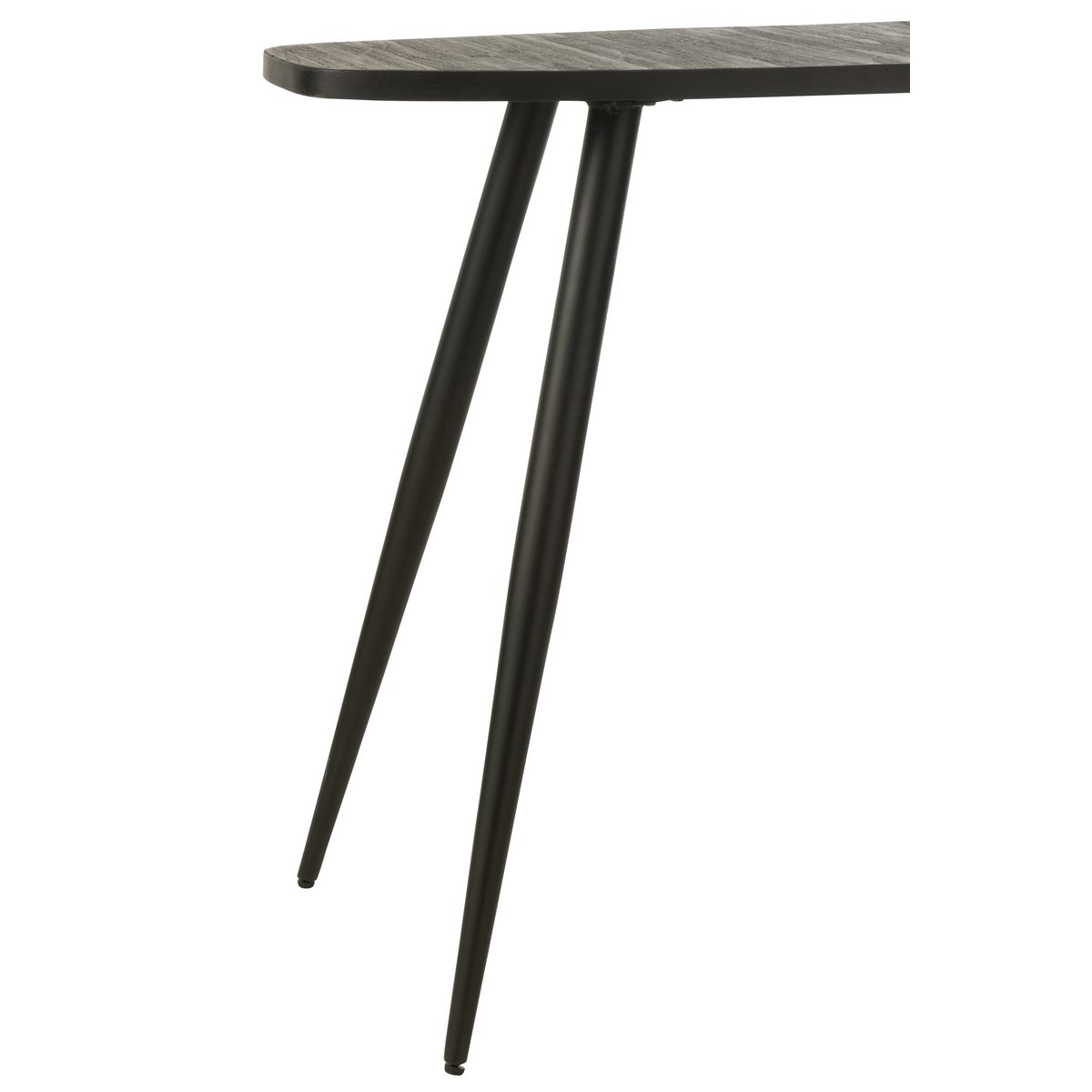 Détail de la console J-Line ovale en bois noir, mettant en valeur la finition.