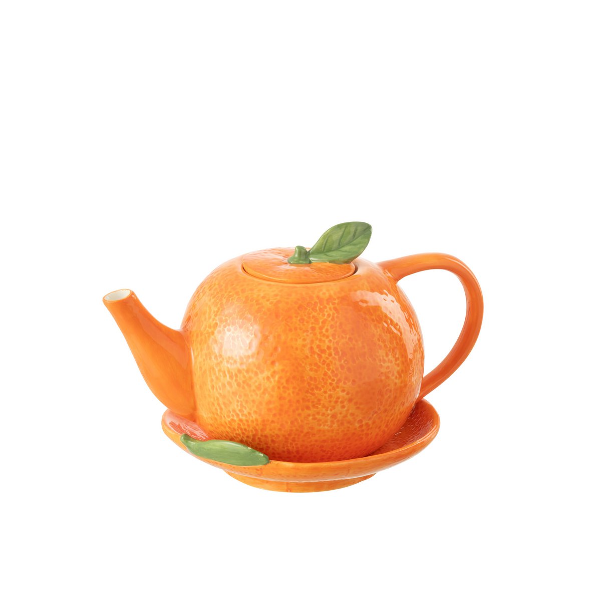 Vue rapprochée de la théière J-Line en dolomite orange, détails raffinés.