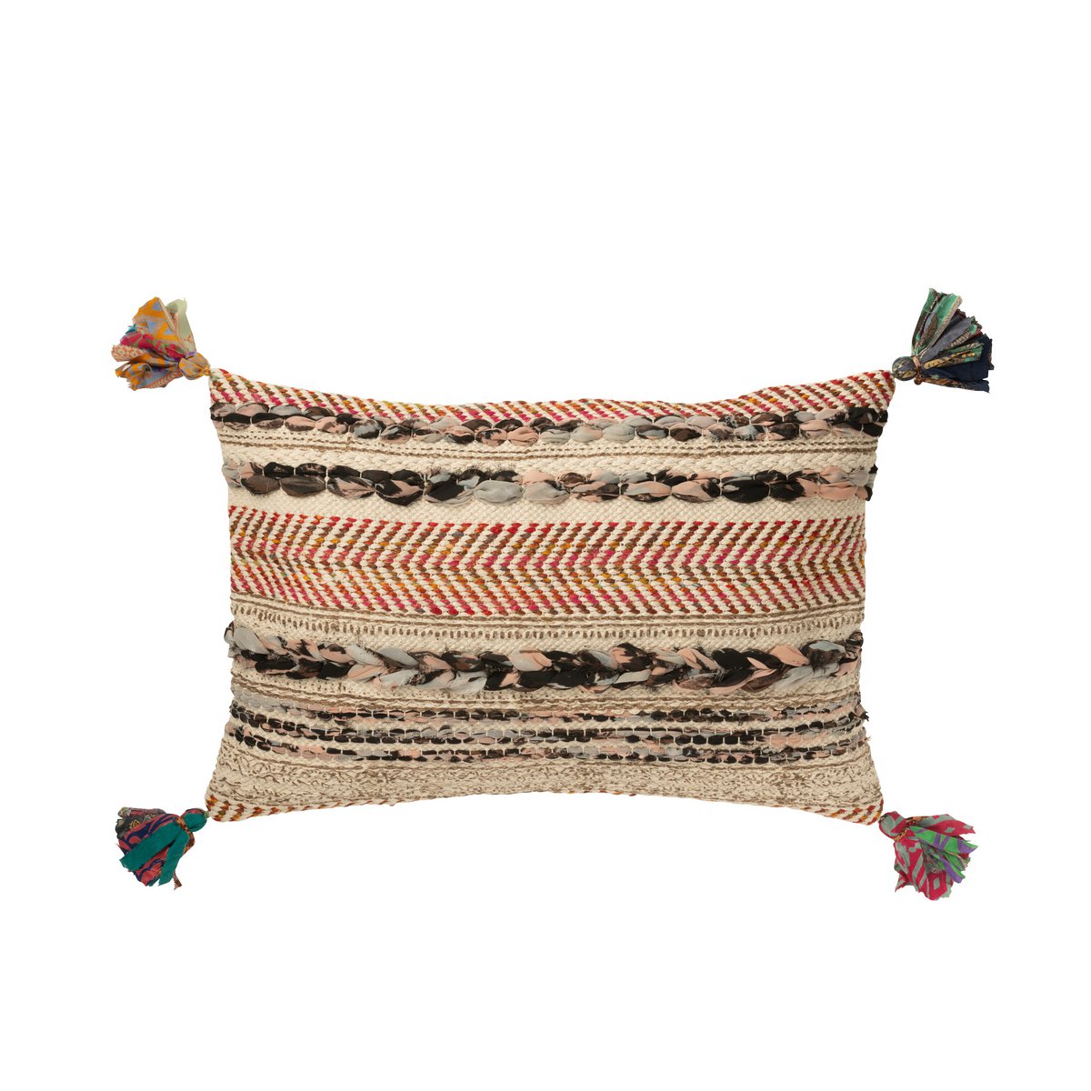 Coussin Rectangle Tressé Chindi de J-Line en coton crème et marron, vue de face.