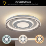 Plafond LED "DOIRA" Ø 50,5 cm, 7,5 cm de haut, métal et plastique en argent et blanc, LED intégrés, 3600 lm lumineux, dimmable, fonction CCT 3000-6500 K, fonction de lumière nocturne