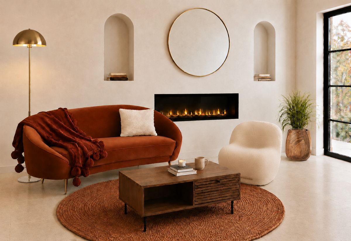 Autour du feu — salon d'automne, canapé en velours cognac face à un foyer linéaire