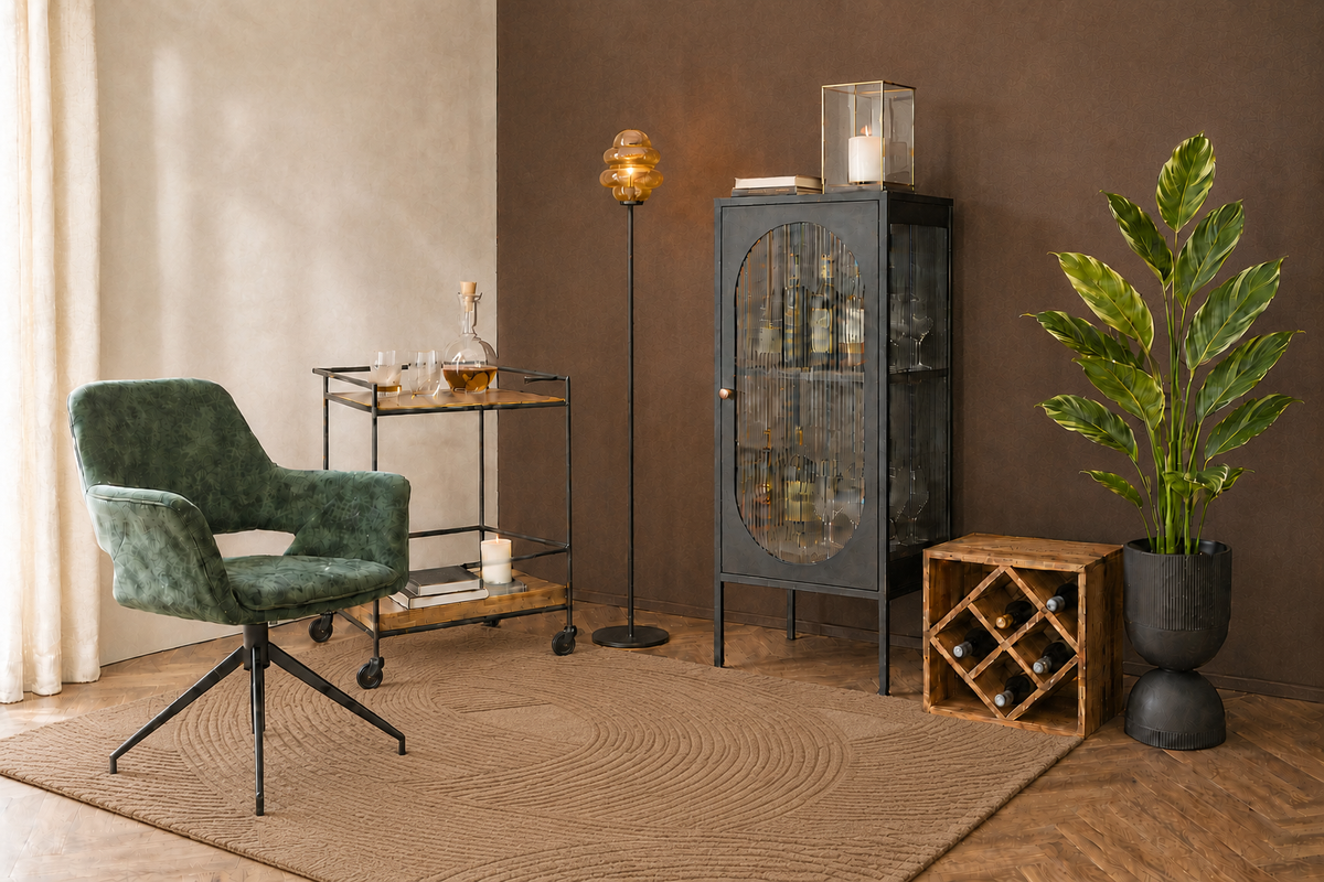 Le coin bar : fauteuil en velours vert, chariot de bar noir, vitrine en verre strié et lampadaire ambré dans un angle de salon