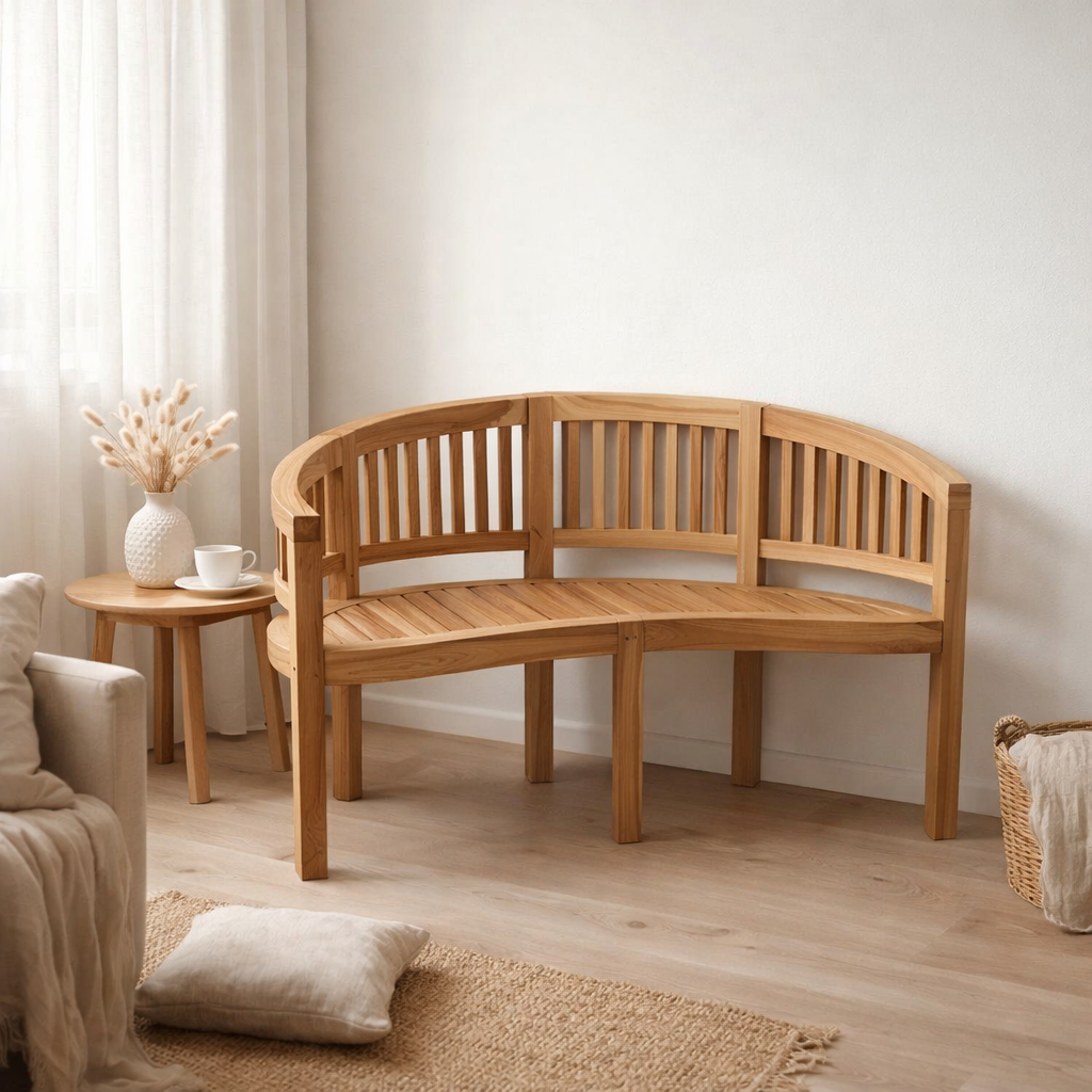 Banc de jardin en forme de banane, 150 cm, teck en situation