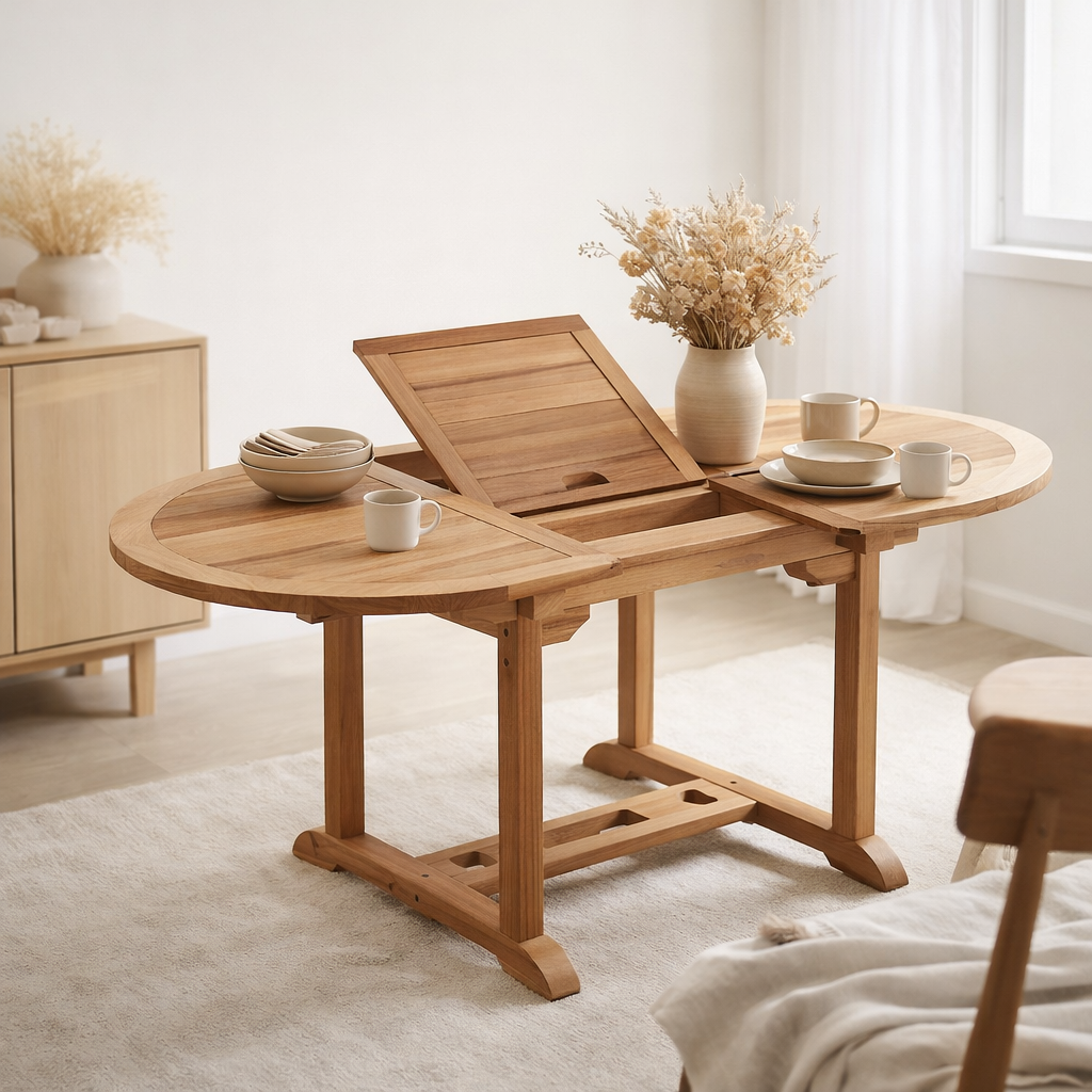 Table de jardin, ronde 120 cm, extensible, teck en situation