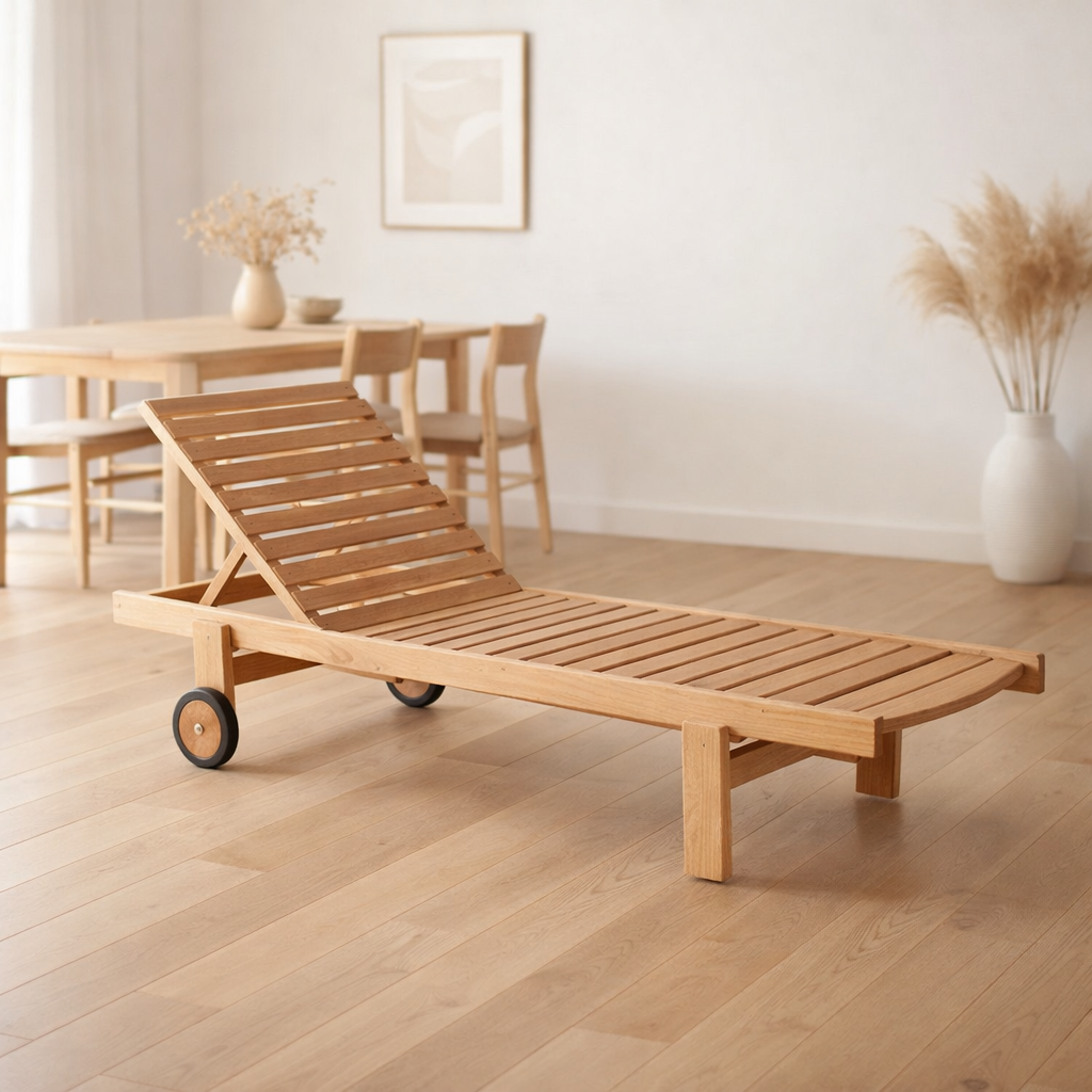 Chaise longue de jardin, teck en situation