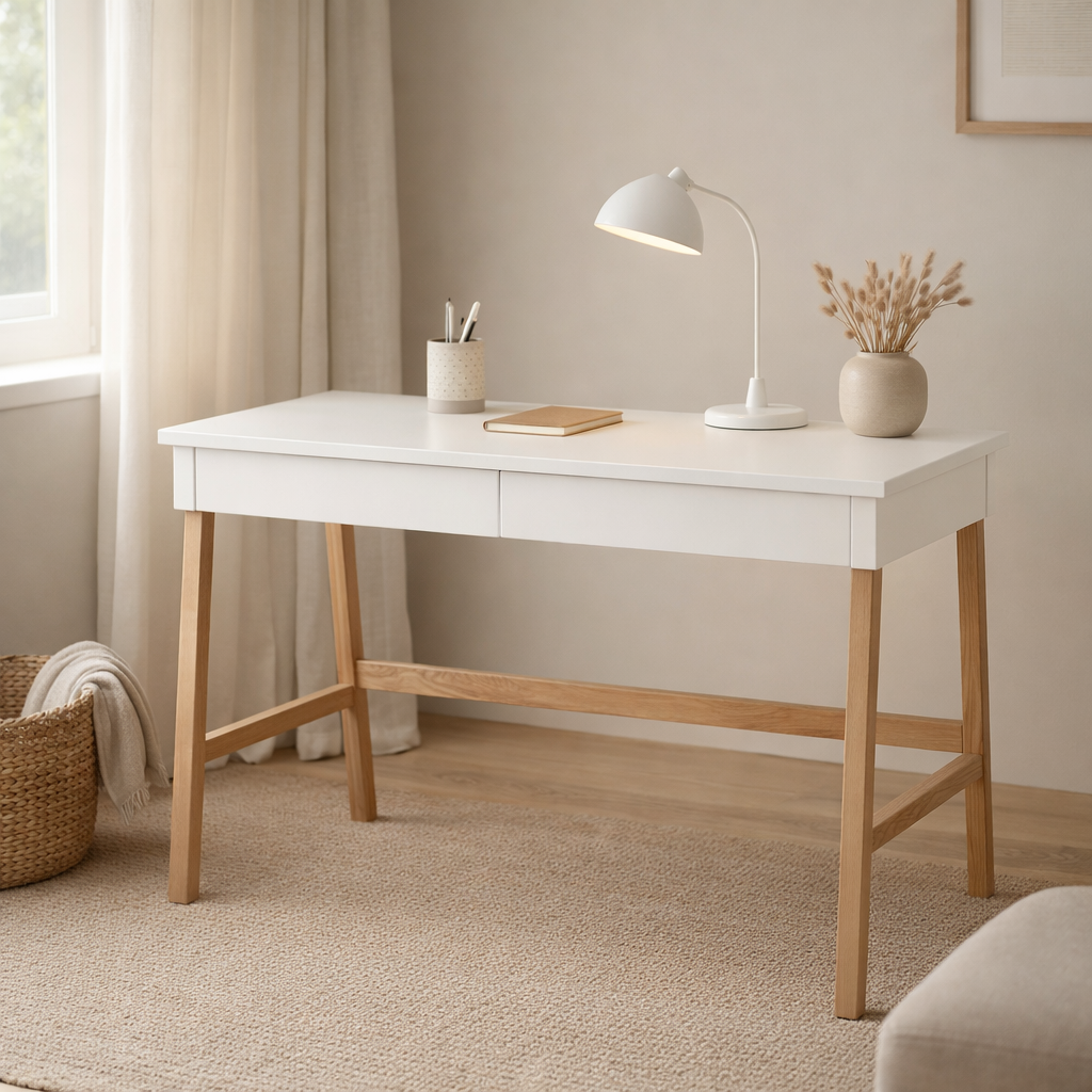Bureau, blanc, pieds en bois en situation