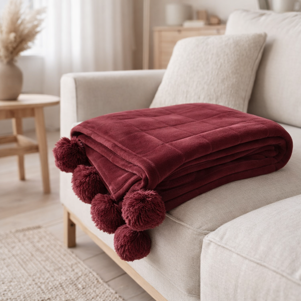 Pompon à carreaux J-Line - polyester - bordeaux - 170 x 130 cm en situation