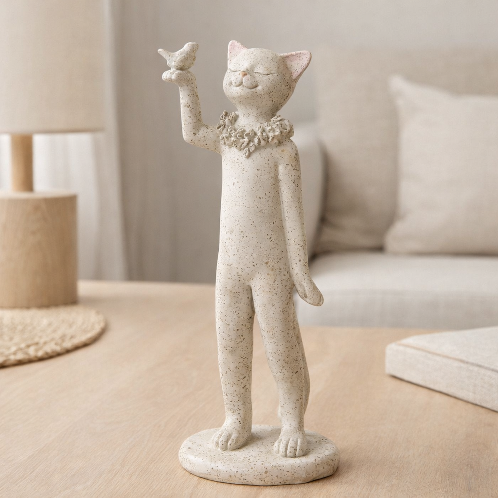 J -line Figure Kat + Bird - Polyresin - Gray en situation