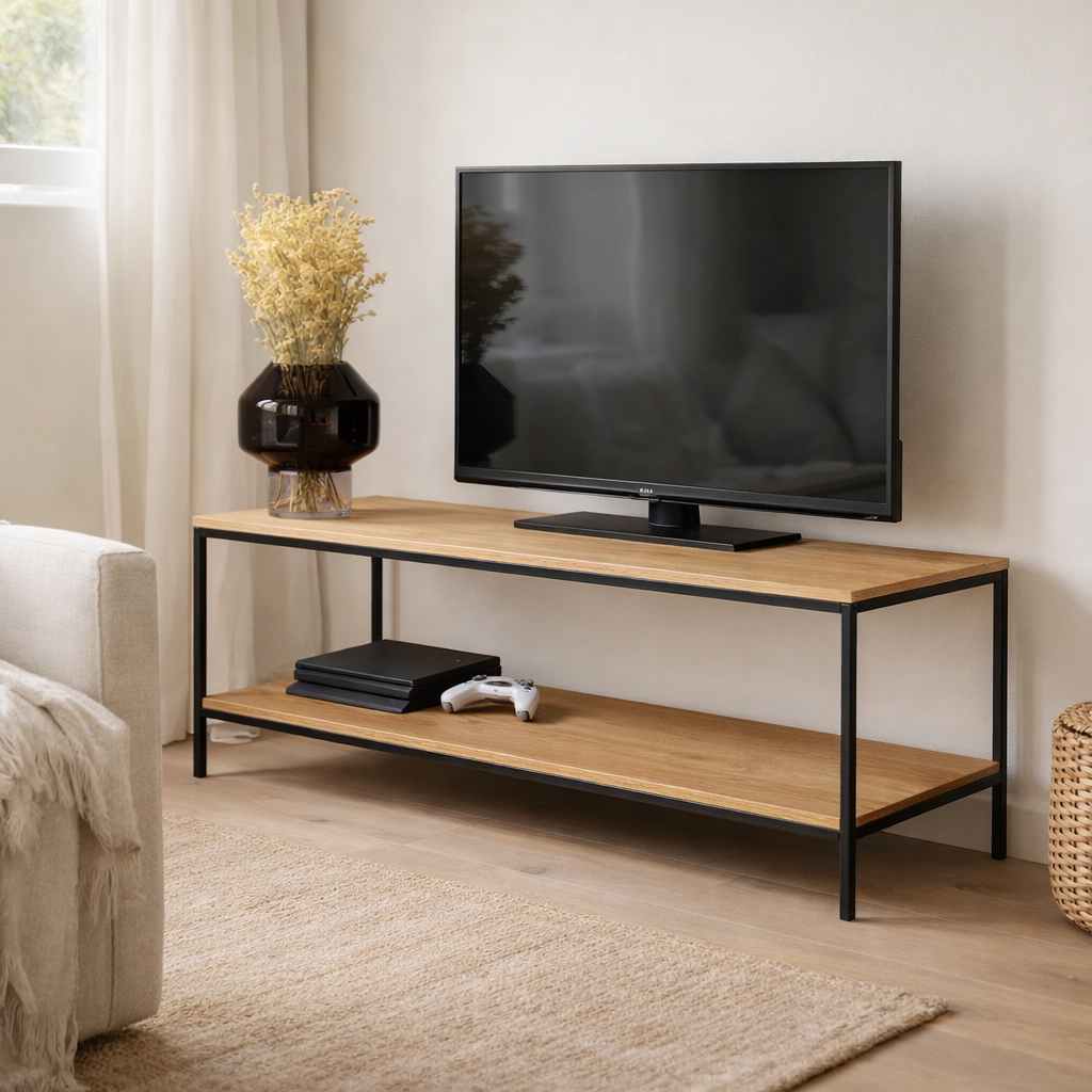Meuble TV Vita - aspect chêne, acier, 100x36x45cm en situation