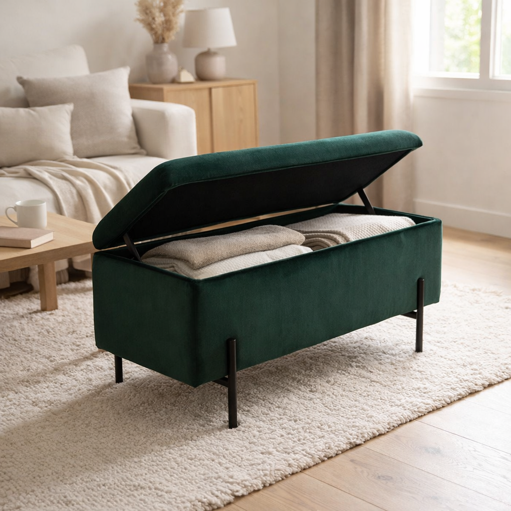 Banc Watford - Vert, Velours, Pieds Métal Noir en situation