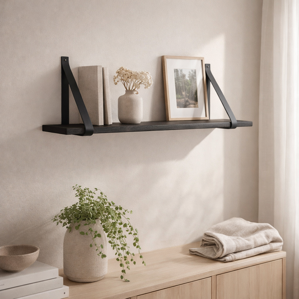 Étagère Forno - Noir, Bois d'hévéa/Cuir, 80x20x2 cm en situation