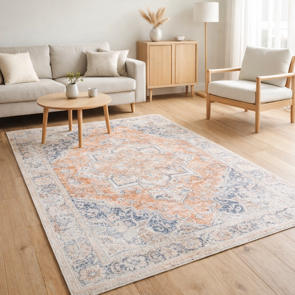 Tapis Havana - Chenille Polyester, Bleu/Orange - 160x230 cm en situation