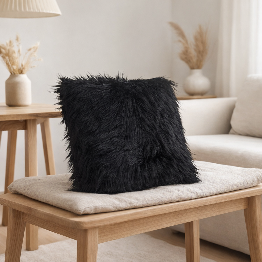Assise en peau d'agneau artificielle - Noir, Polyester, 40x40x6,5 cm en situation