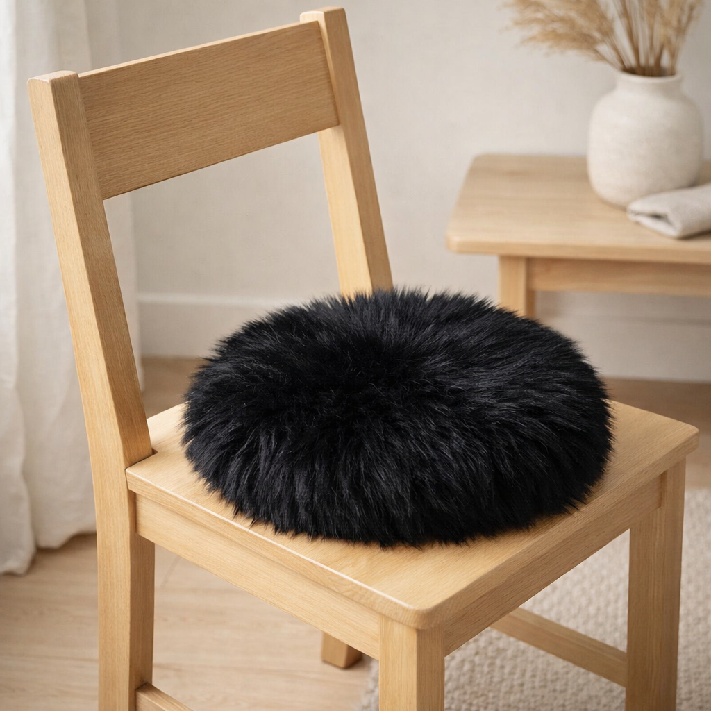 Assise en Peau d'Agneau Artificielle - Noir, Polyester, Ø35x6,5 cm en situation