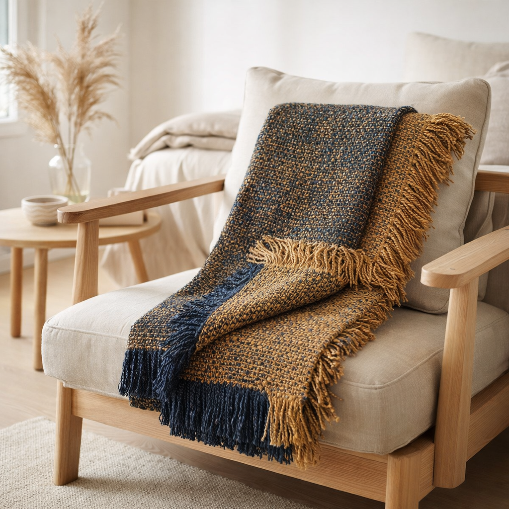 Ely Plaid - Plaid, bleu/jaune, Coton, Polyester, 130x170 cm en situation