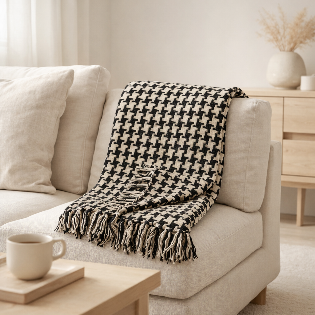 Plaid latéral - Plaid, noir/beige, Coton, Polyester, 130x180 cm en situation