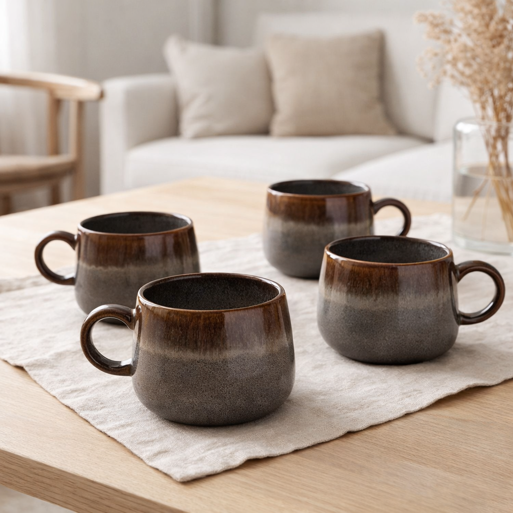 Selma Mug - Mug, céramique, gris/marron, ø10x7,5 cm, lot de 4 en situation