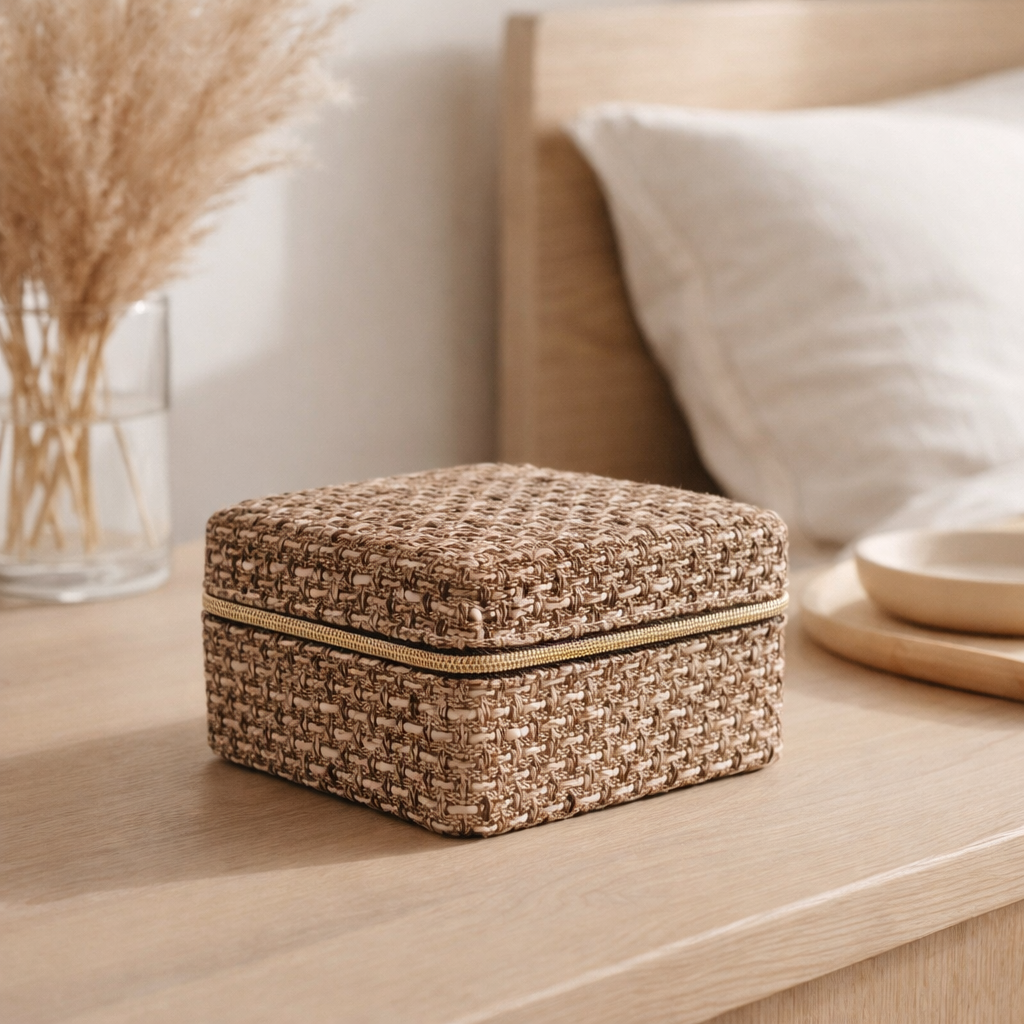 Boîte à Bijoux Marrakech - Mélange de Marrons, 100% Polyester, 11x11x6.5cm en situation