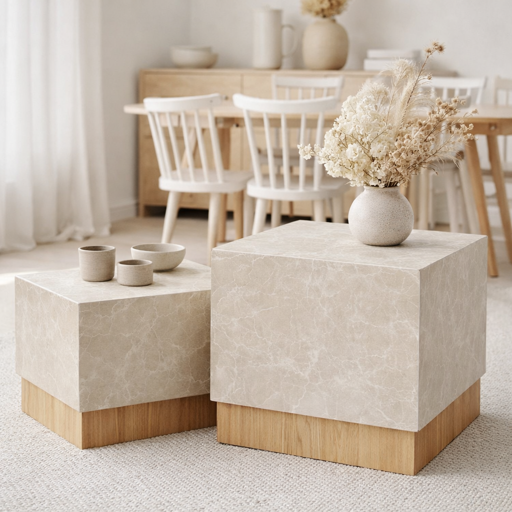 Ensemble de tables basses Prague - Beige, aspect marbre, MDF, papier décoratif, lot de 2 en situation