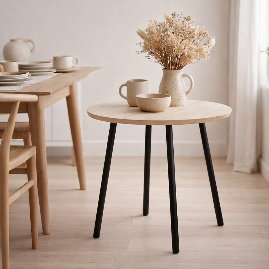 Table basse Aalst - Noir/Beige, Acier, MDF, Ø55x45cm en situation