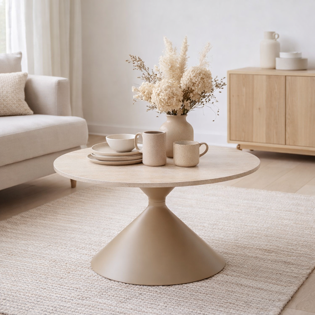 Table basse Annecy, plateau céramique/acier, travertin/sable, ø70x41 cm en situation