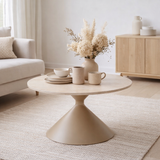 Table basse Annecy, plateau céramique/acier, travertin/sable, ø70x41 cm en situation