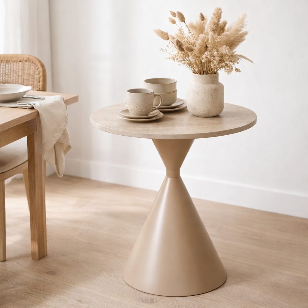 Annecy Table d'appoint, plateau céramique/acier, travertin/sable, ø50x56 cm en situation