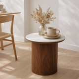 Noli Table d'appoint, plateau en céramique/placage frêne, blanc/marron foncé, ø40x38 cm en situation